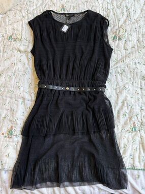 Maje Black Sleeveless Tiered Midi Dress with Studded Belt